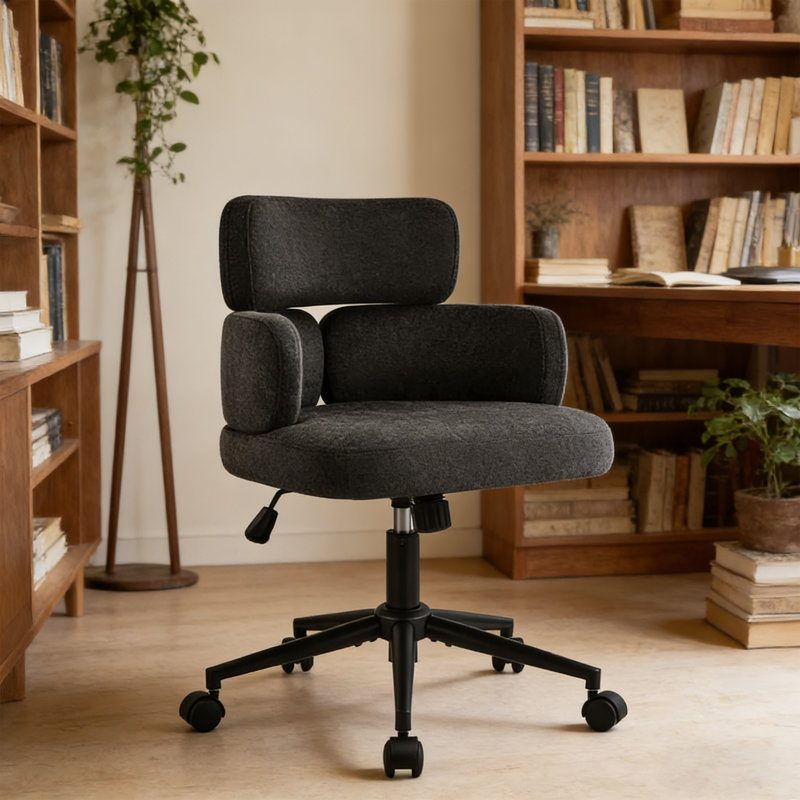 Upholstered Swivel & Adjustable Height Office Chair, Clover-shaped Desk Chair with Armrest, Black