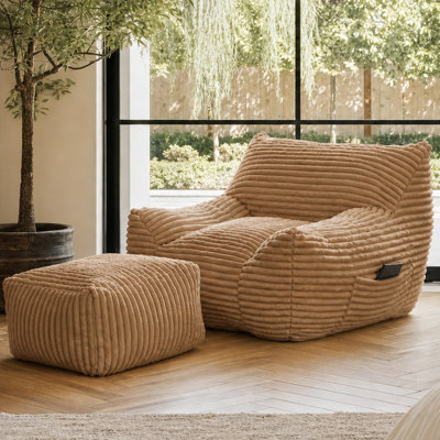 43" Corduroy Oversized Bean Bag Chair with Ottoman & Side Pocket, Comfy Reading Nook Lounge Chair with Armrests & Back Handle, Lazy Beanbag Floor Sofa for Adults, Bedroom, Living Room
