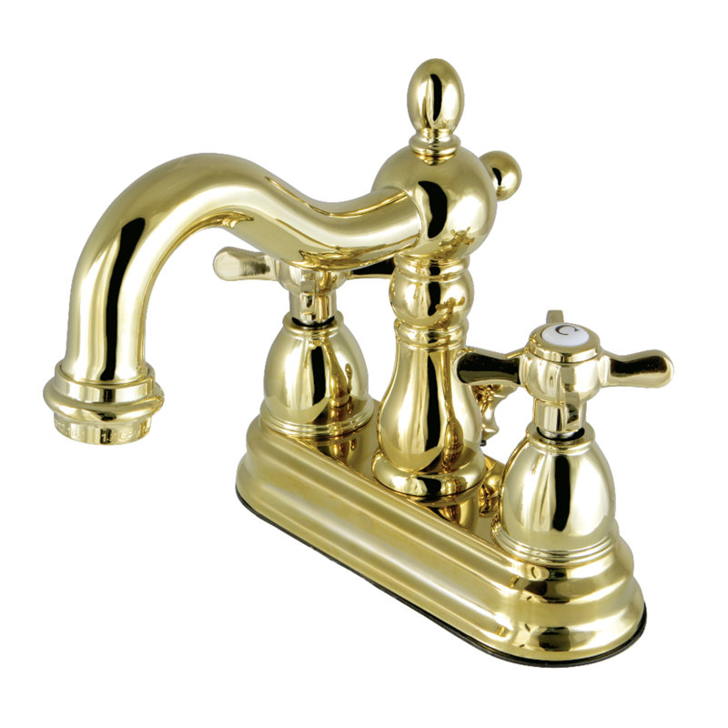 Kingston Brass Essex Two-Handle 3-Hole Deck Mount 4" Centerset Bathroom Faucet with Plastic Pop-Up, Polished Brass