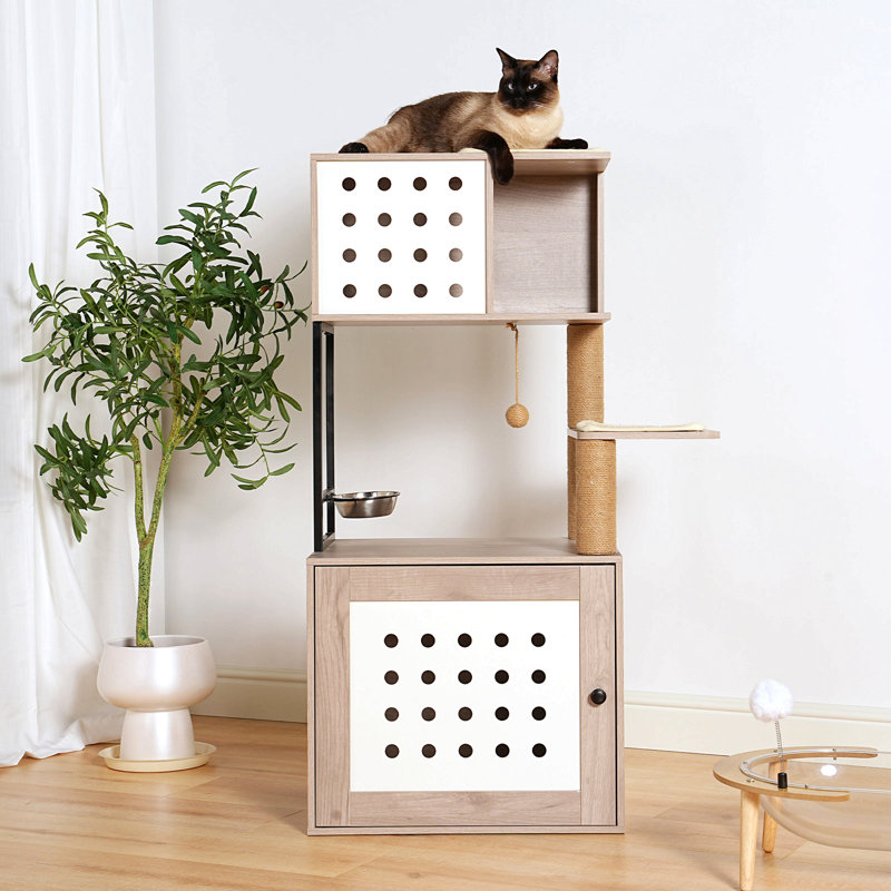 Arbre à chat avec bac à litière, grand hamac, station d'alimentation et poteaux à griffer
