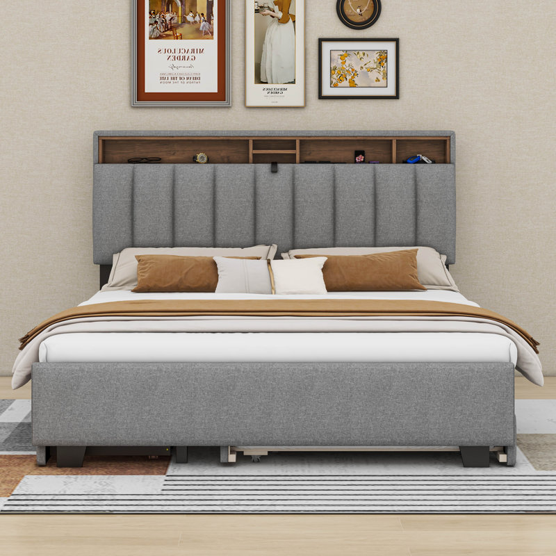 Grand lit plateforme tapissier avec tête de lit, lit gigogne simple TG et 2 tiroirs, gris