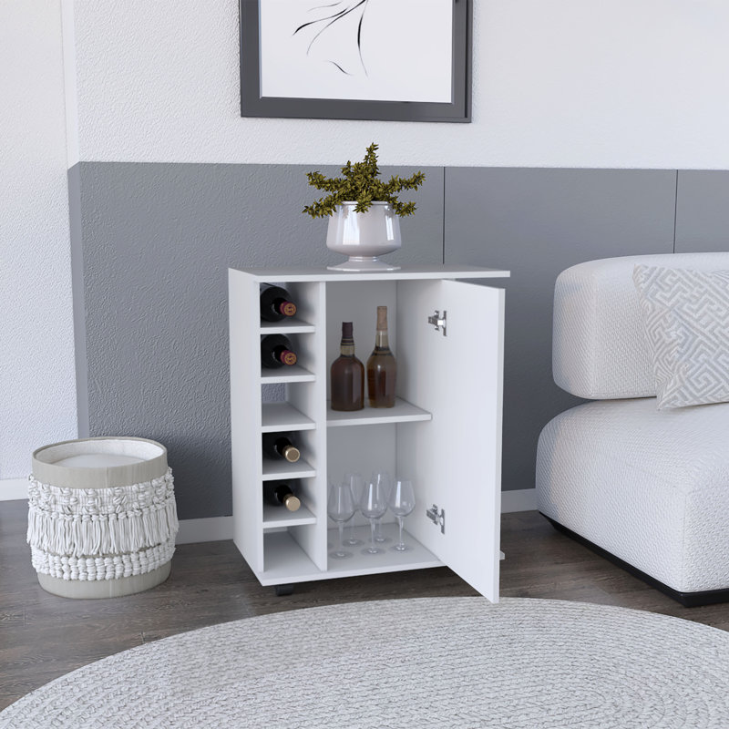 Selden Bar Cart with Casters, 6 Built-in Wine Racks, 2-side Open Shelves and Single-Door Cabinet, White