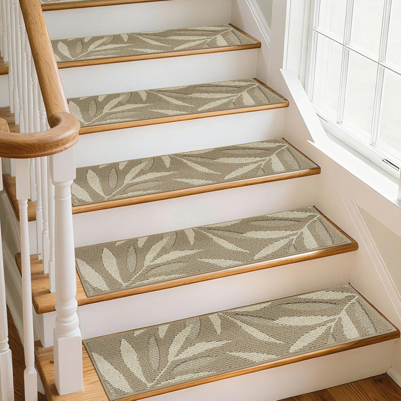 Tapis d'escalier pour marches en bois avec motif de feuille 3D, avec support en TPE, beige