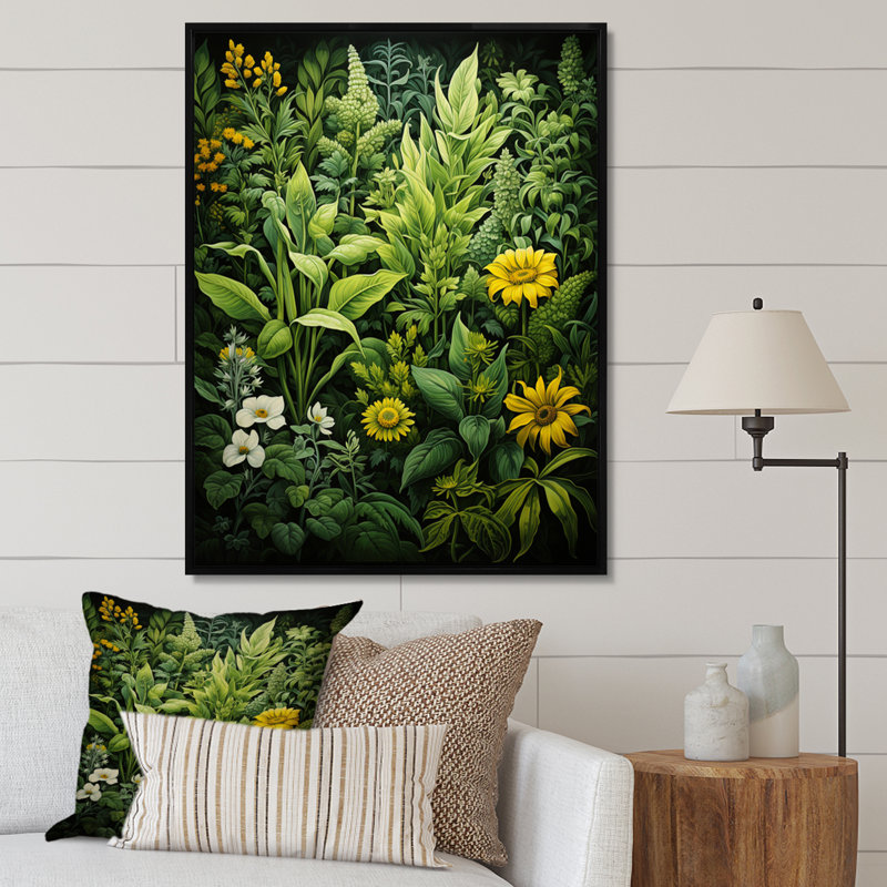Cenaida " Herbs Collage Harmony ", 44" H x 34" W x 1.5" D, Black Floater Framed