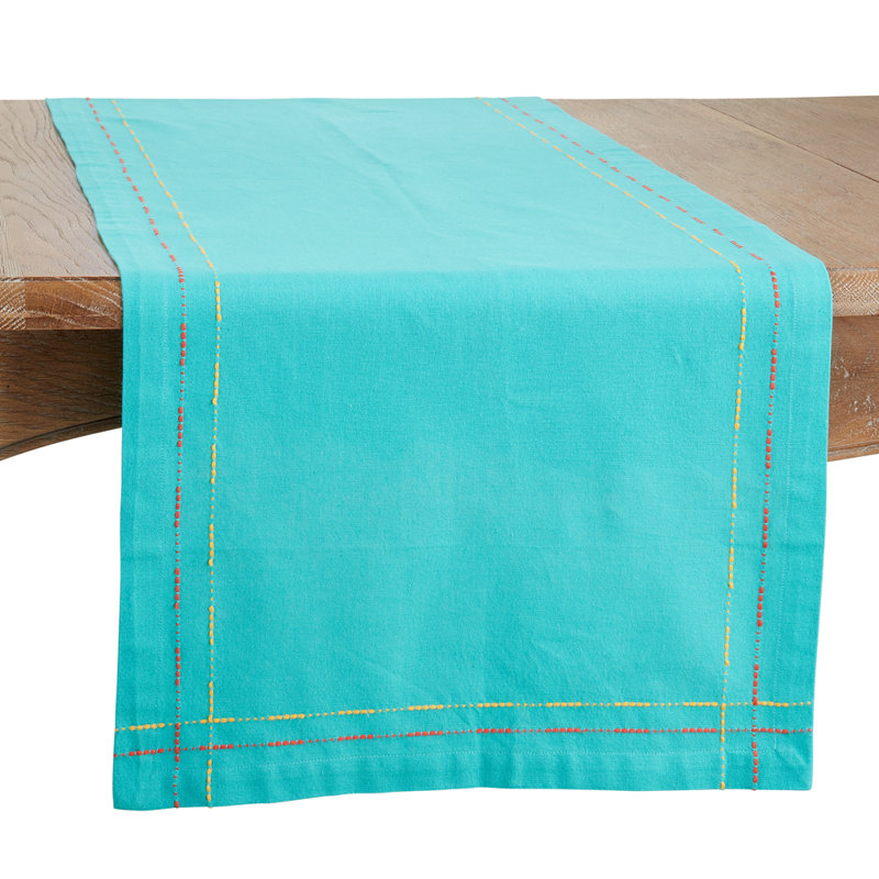 Chemin de table en coton tissé à bordure turquoise Dobby l 18 po x L 72 po
