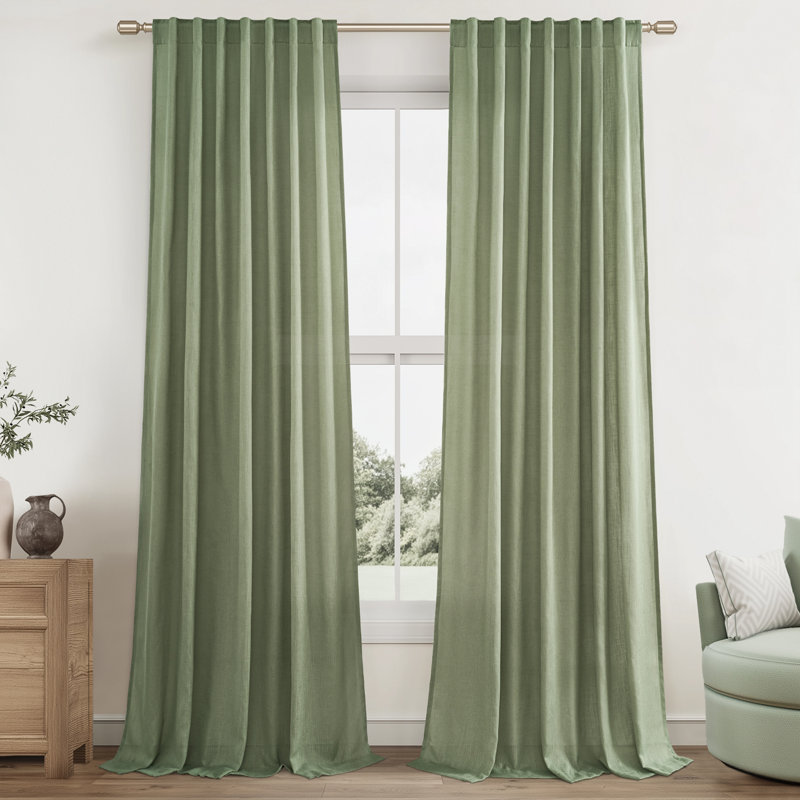 Rideau en lin avec passe-tringle Dennan, rideaux semi-transparents en lin pour la chambre à coucher, Vert sauge