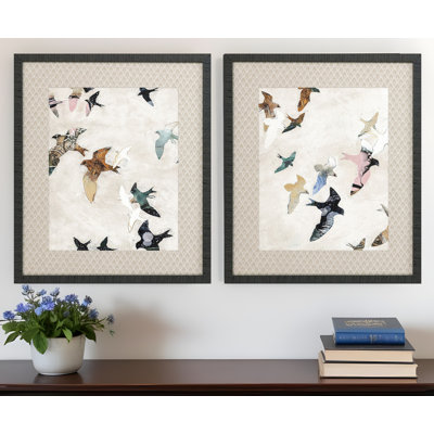 HomeRoots "Ensemble de deux oiseaux abstraits noirs, impression encadrée", 2 pièces