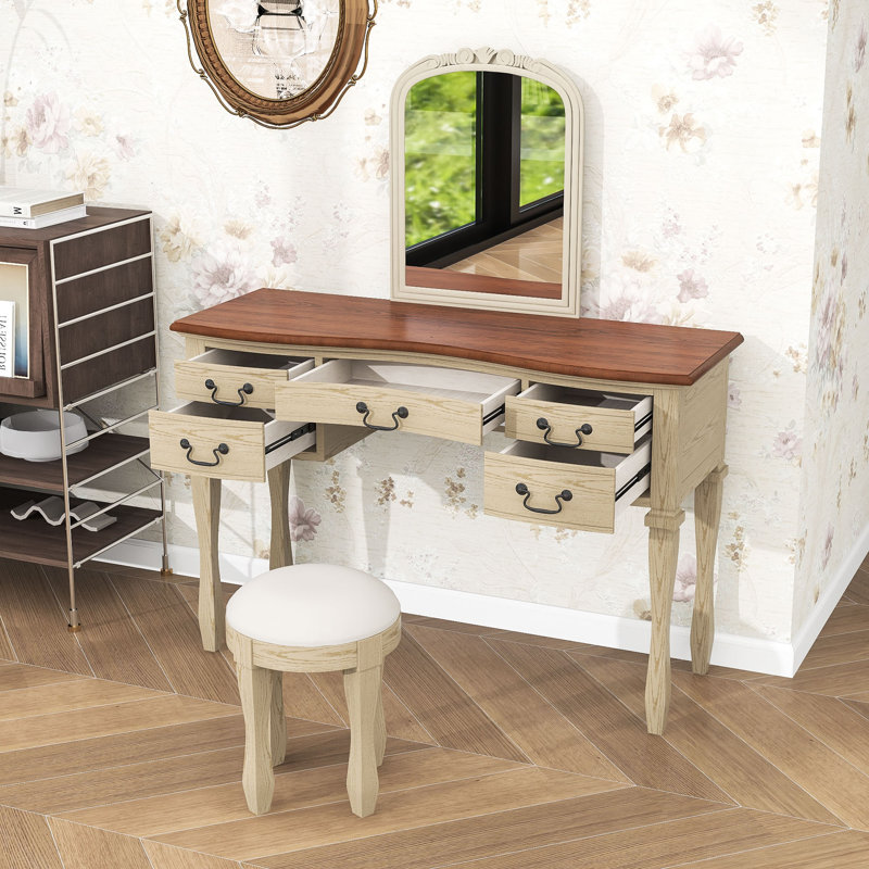 Coiffeuse de maquillage avec miroir, tiroirs et tabouret en cuir