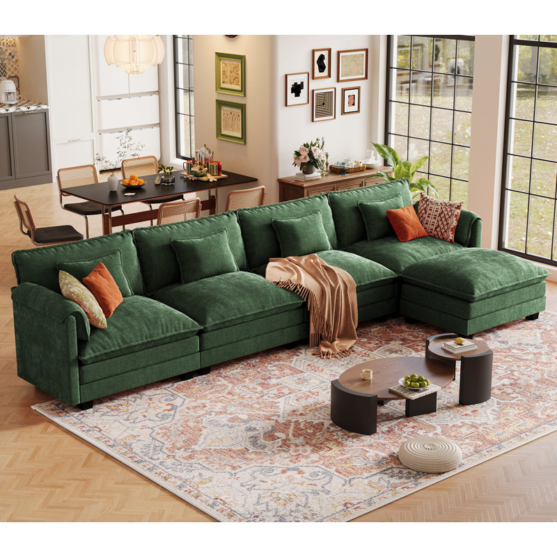 5-Piece 153'' L-Shaped Comfy Cloud Modular Sectional Sofa With Removable Ottomans-Chenille Fabric-Green, Green Chenille