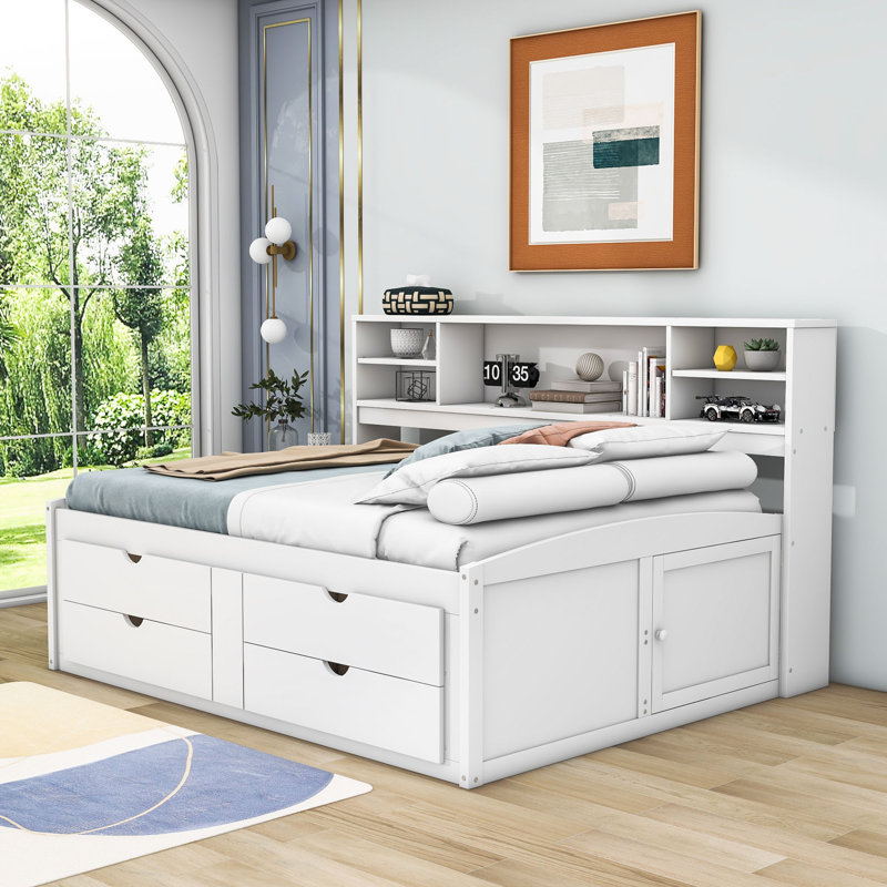 Wood Full Daybed with 2 Bedside Cabinets, Upper Shelves and 4 Drawers, White