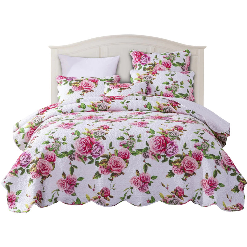 Floral Rose Garden Quilted Bedspread Set – Lightweight Reversible Bedding for All Seasons, Full/Double Quilt + 2 Shams