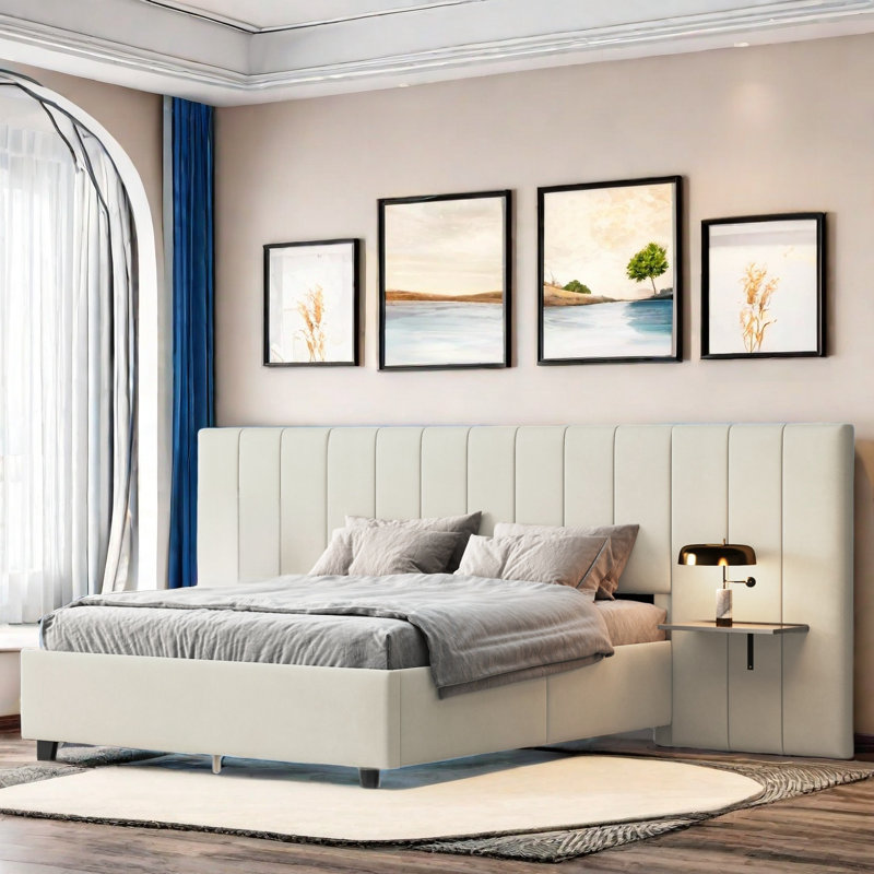 Lit plateforme tapissier avec grande tête de lit Silvestri et deux tablettes intégrées, Queen, Beige