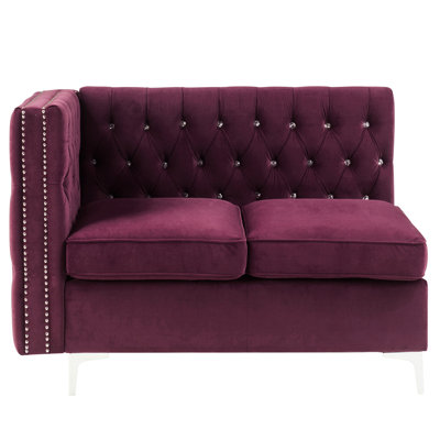 Velours bourgogne avec coussins et garniture cloutée élégante - Option de siège pour les espaces de vie principaux, coussins décoratifs en fausse fourrure profonde de 34,5 pouces de hauteur, accoudoirs carrés, zone idéale, revêtement, structure en bois de pin