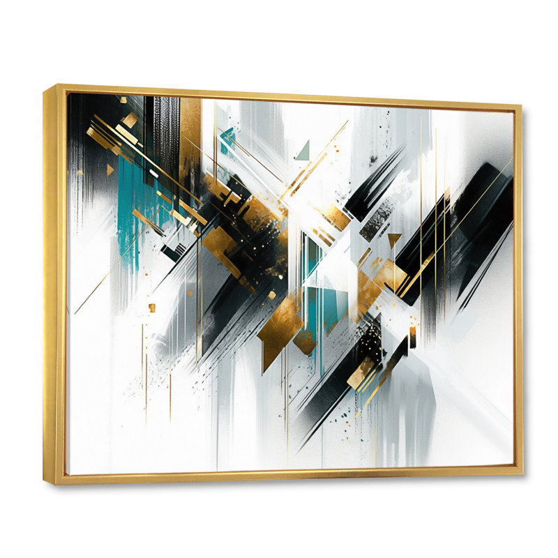 " Teal Gold Cubist Kaleidoscope I ", H 30 po x l 40 po x P 1,5 po, Cadre flottant doré