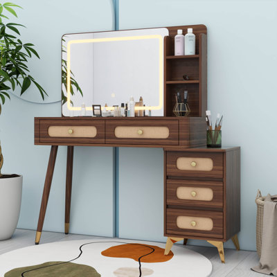Meuble-lavabo vintage avec miroir et lumières, 3 modes de couleurs et luminosité réglable, meuble-lavabo de ferme avec 5 tiroirs et tablette de rangement
