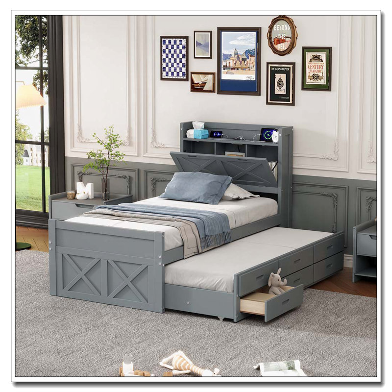 Lit en bois avec tête de lit avec prises de courant, lit extensible avec lit gigogne et trois tiroirs de rangement, Gris