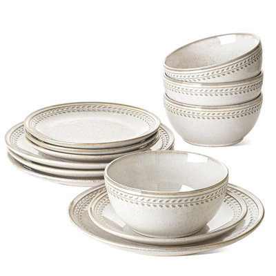 Ensemble de 12 assiettes et bols pour 4, ensembles de vaisselle en céramique, résistant aux éclats, allant au micro-ondes et au lave-vaisselle