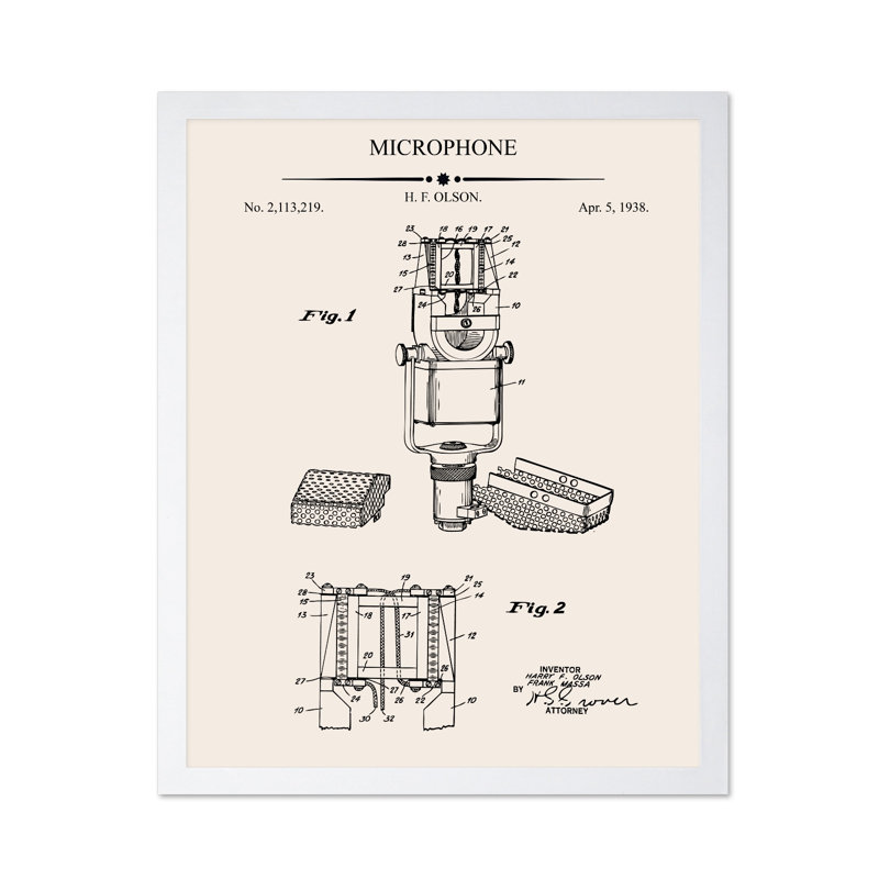 Plan du microphone n ° 1, 24"H x 32"W, Poster, White Framed