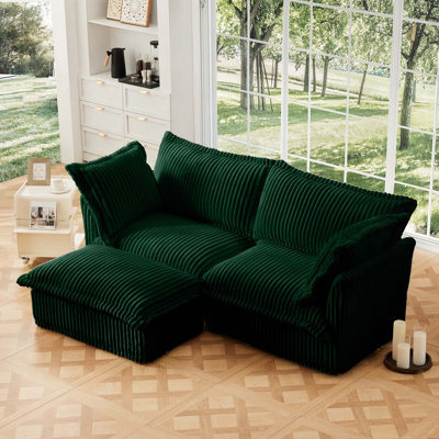 Modern Deep Seat Corduroy 2-Seat Sofa with Removable Covers & 1 Ottoman for Living Room Small Space Apartment