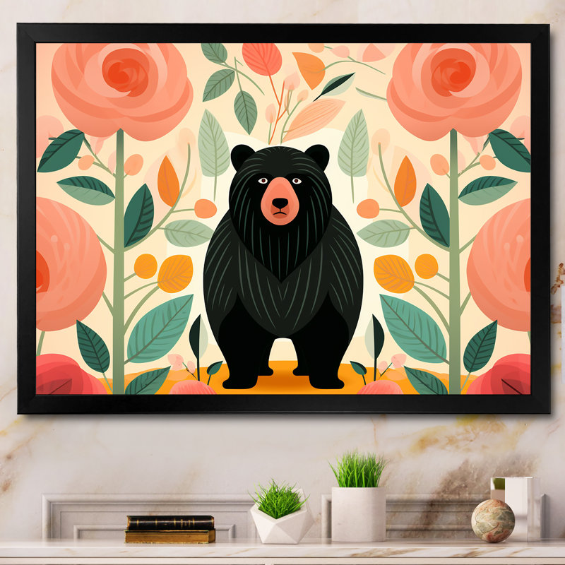 «Pink Tropical Bear Harmony III - Bear 2», art mural, H 34 po x l 44 po x P 1,5 po, Cadre d'angle fermé noir