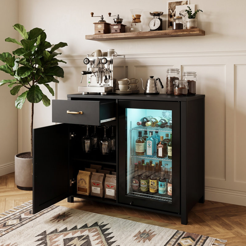 Meuble-bar avec compartiment à vin, petit meuble à spiritueux avec porte-verres et tiroir, noir, Black