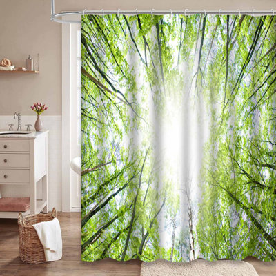 Fresh Forest Light Nature Japan Green Shower Curtain with 12 Hooks