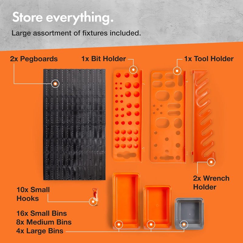 44 Piece Wall Mounted Pegboard Hook, Storage Bins and Panel Set