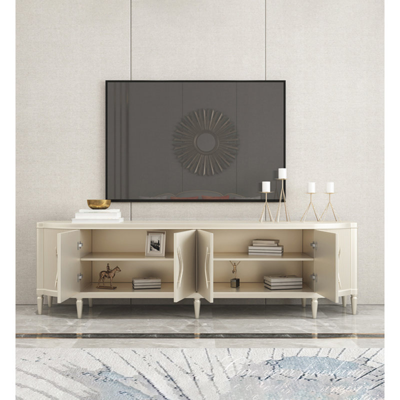 Meuble télé moderne et élégant en hêtre avec panneau cannelé, H 25,6 po x L 86,6 po x l 17,7 po