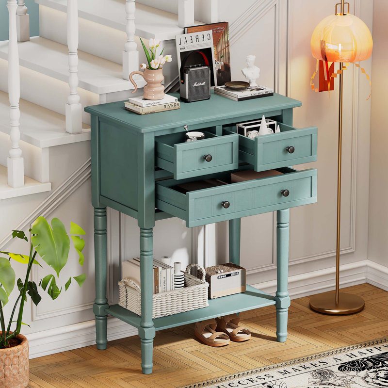 Narrow Console Table, Slim Sofa Table With Three Storage Drawers And Bottom Shelf, Light Blue