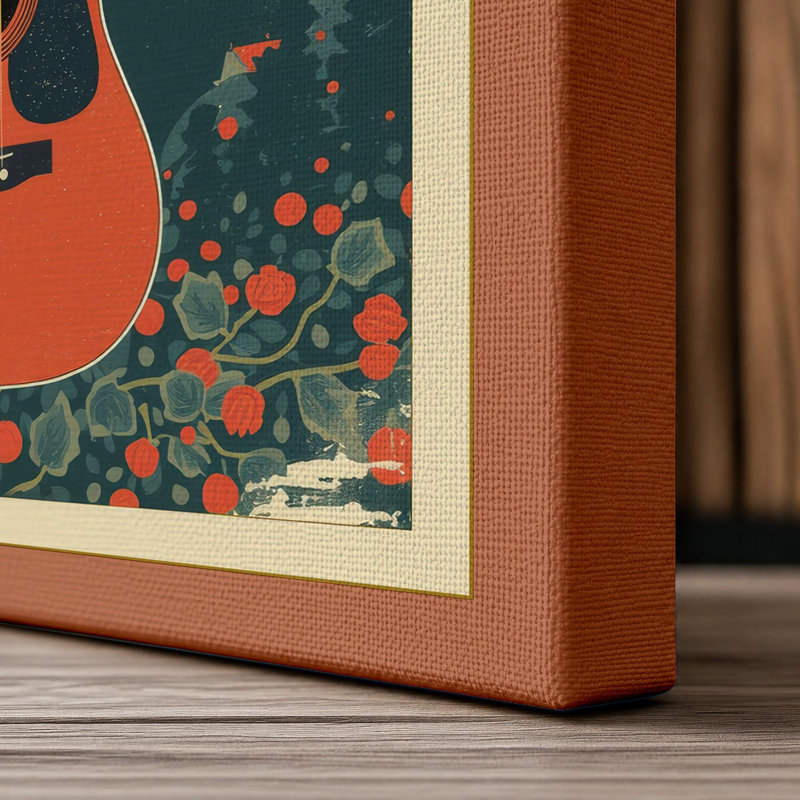 Guitar and Sun Retro - Wrapped Canvas, 30x20 - 76.2 x 50.8 cm, Terracotta Border