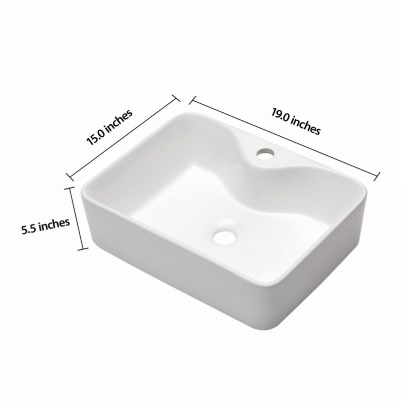 19"X15" White Ceramic Rectangular Vessel Bathroom Sink