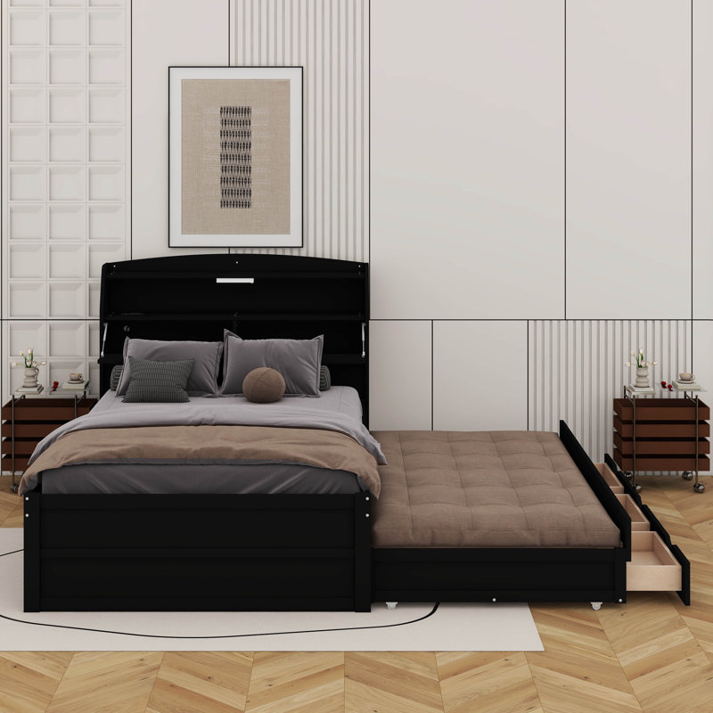 Lit plateforme en bois avec lit gigogne, tête de lit et tiroirs à DEL, Lit double, Espresso