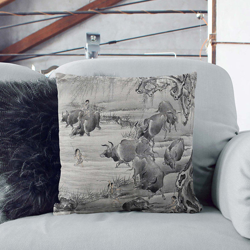 Buffalo And Herdsman Square Throw Cushion, 40cm H x 40cm W x 15cm D, Stone