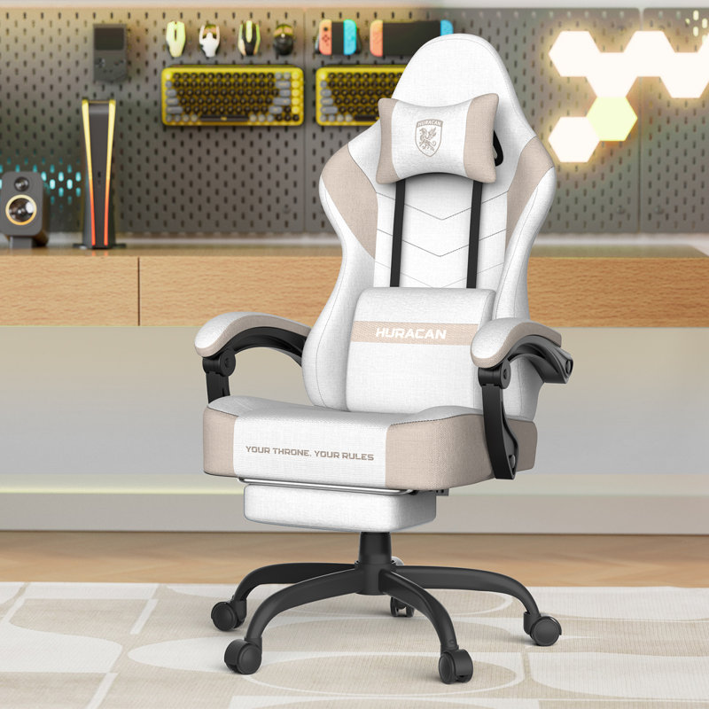 Fauteuil de jeu ergonomique en tissu de lin avec repose-pieds de massage Luxvie, Beige / café