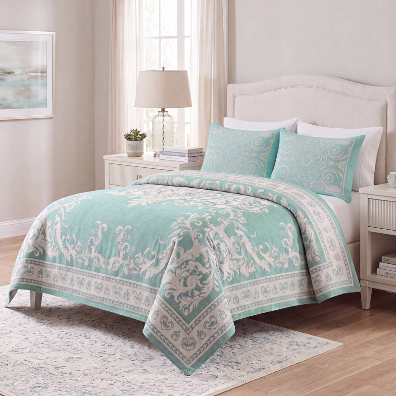 Rio Lightweight Cotton Blend Woven Jacquard Traditional Medallion Bedspread/Coverlet Set, Turquoise, Queen + 2 Shams
