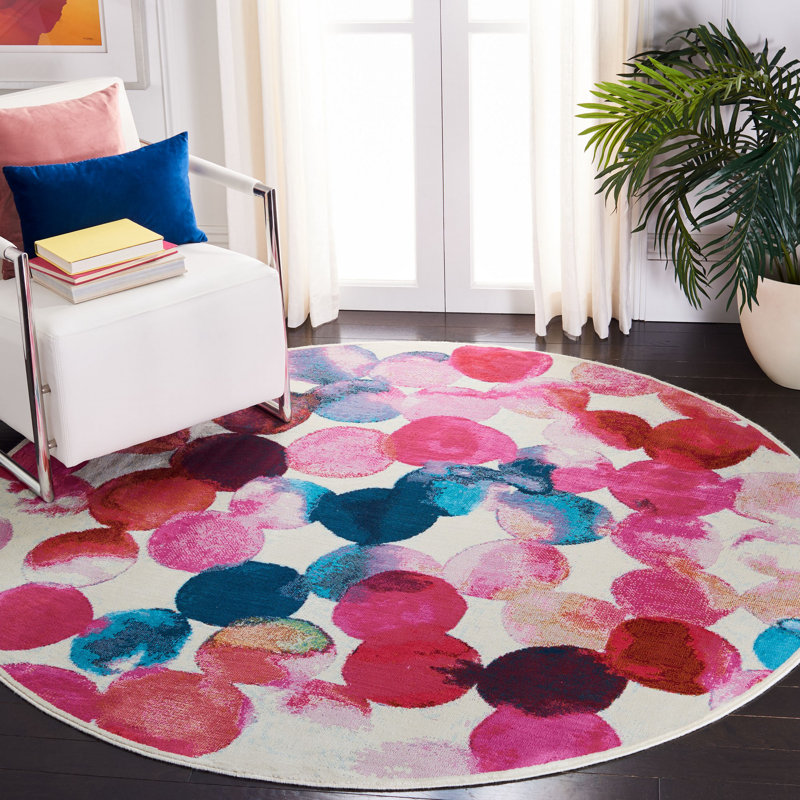 Tapis rose tissé à la machine Ofrath, Rond 6 pi 7 po