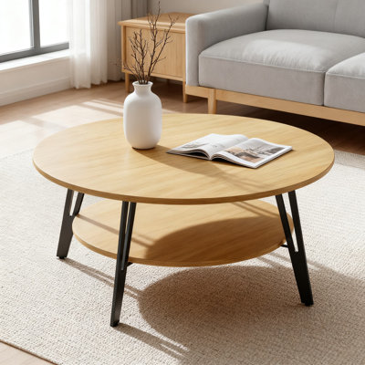 Round Coffee Table With Storage Shelf, Modern Farmhouse Center Table For Living Room, Rustic Wood & Metal Design For Small Spaces, Easy Assembly