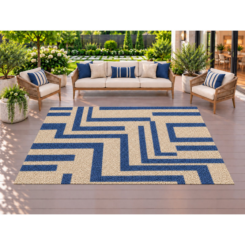 Tapis d'extérieur 152 x 213 cm, motif labyrinthe géométrique bleu, épais, imperméable, en PVC bouclé, résistant et à séchage rapide, idéal pour terrasse, balcon, entrée, VR et autres espaces de vie.