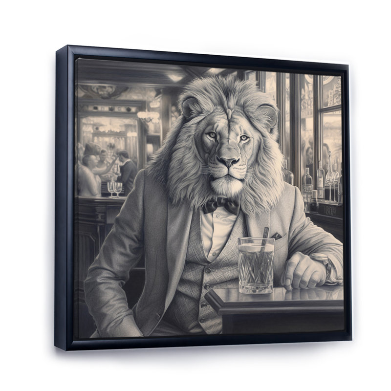 Lion ayant une boisson sur toile, H 16 po x l 16 po x P 1 po, Cadre flottant noir