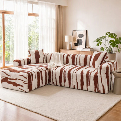 Housse de canapé d'angle en forme de L (2 pièces), housse extensible ultra-résistante avec élastique et fixations en mousse, protection de meubles en peluche à motifs pour enfants et animaux de compagnie, 2 housses de coussin incluses (assise 3/4 + méridienne 3 places)