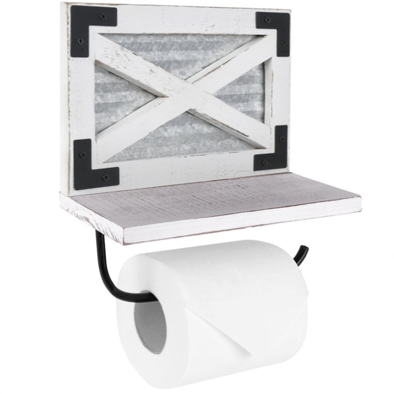 White and Galvanized Metal Farmhouse Toilet Paper Holder with Shelf