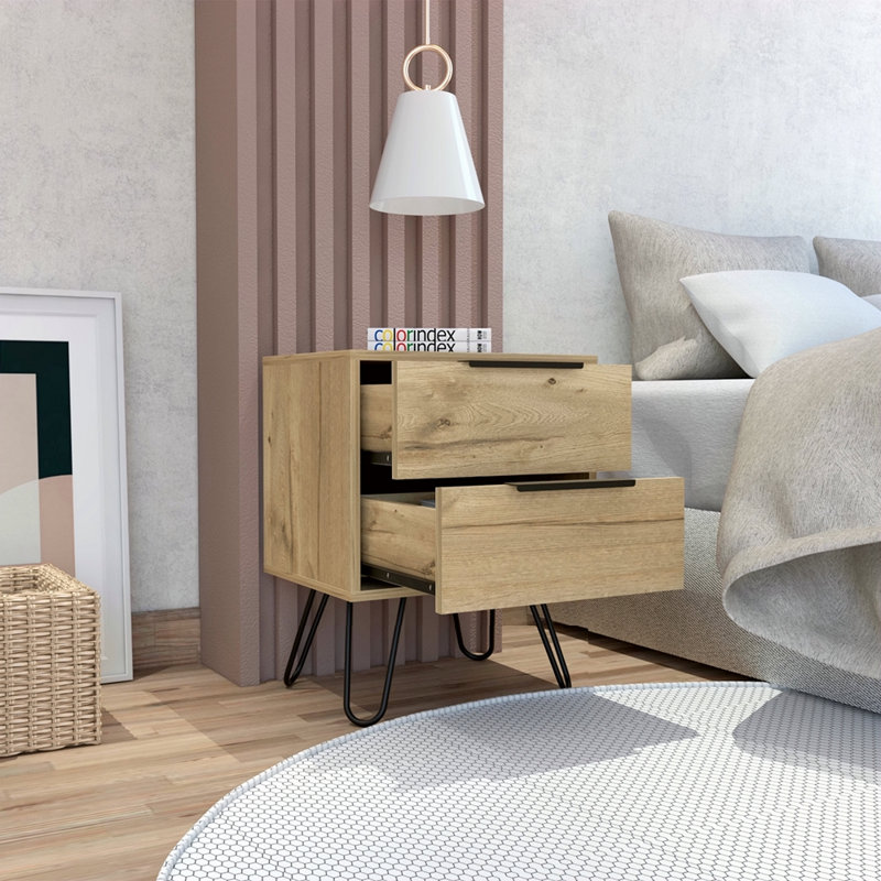 Light Oak 2-Drawer Rectangle Nightstand, Black/Natural