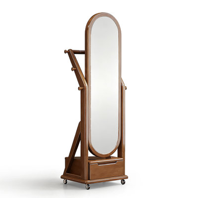 European-Style Rubber Wood Arched Wheel Adjustable Storage Full-Length Mirror