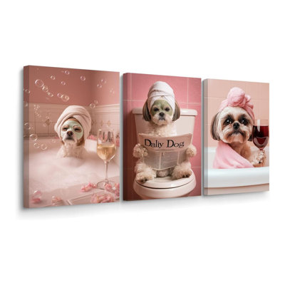 Drôle de salle de bain, art mural, jour de spa de chien, reproduction d'art, 3 pièces, animal mignon, bain relaxant, avec peinture de vin, affiche de toilettage pour chambre de bébé (blanc, 12 x 16 pouces x 3