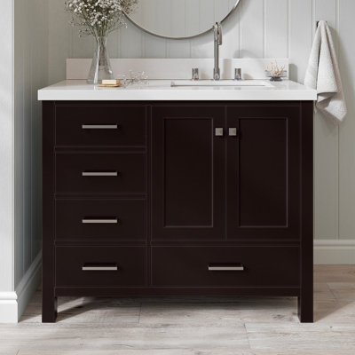 Meuble-lavabo simple en bois massif 43 po Cambridge avec plateau en quartz blanc pur 1,5 po Cambridge