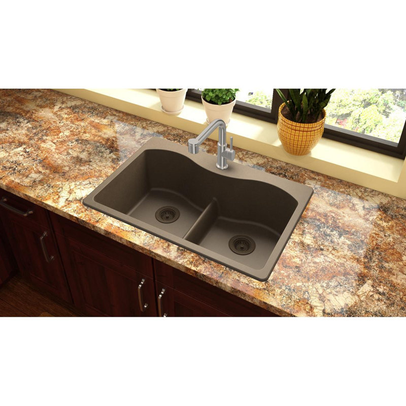 Quartz Classic 33" x 22" x 9-1/2" Double Basin Drop-in Kitchen Sink with Mounting Hardware, Mocha