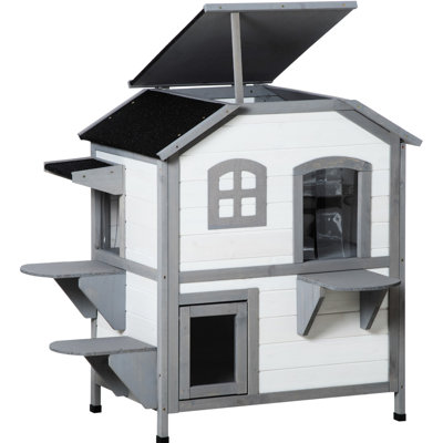 Pavillon d'extérieur pour chat 2 étages - Enclos en bois avec trappe d'évacuation pour chats, toit ouvert, plateformes de saut, maison blanche