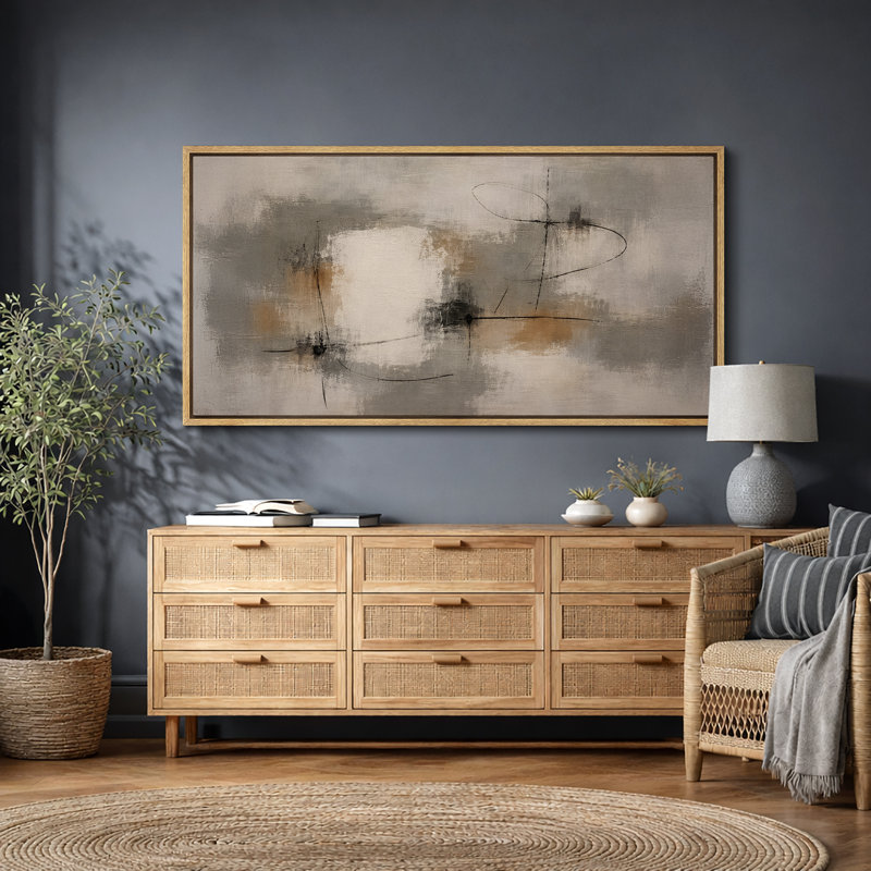 Soft Neutral Abstract Artwork with Linear Black Accents, Living Room Pictures, Framed Canvas Giclee Print Wall Art