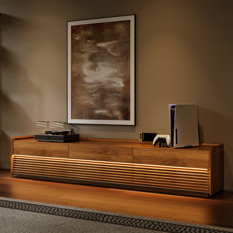 Meuble télé Mid-Century moderne avec lumière DEL, entièrement assemblé, H 19,27 po x L 118 po x l 15,75 po, Brun