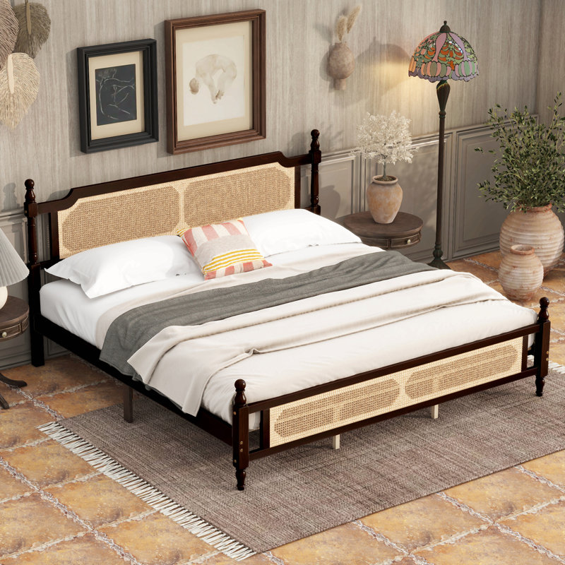 Lit en bois de pin avec tête et pied de lit en rotin, avec plateforme centrale améliorée, Espresso, Très grand lit